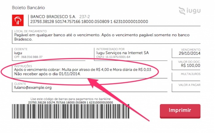 Multa e juros iugu: visualização no boleto
